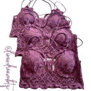 New Lace Crochet Double Strap Criss Cross Bralette in color Eggplant Purple.